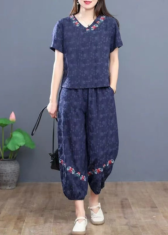 Set Cotton Embroidered Boho Navy Two Pieces Summer