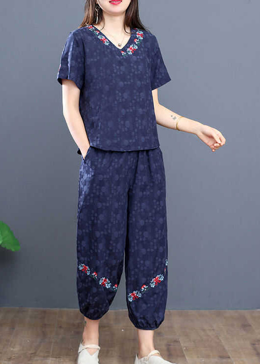 Set Cotton Embroidered Boho Navy Two Pieces Summer