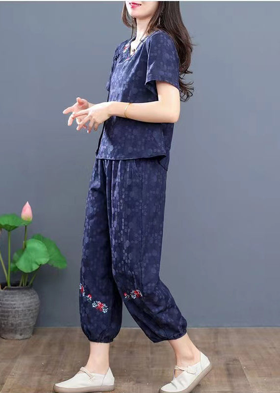 Set Cotton Embroidered Boho Navy Two Pieces Summer