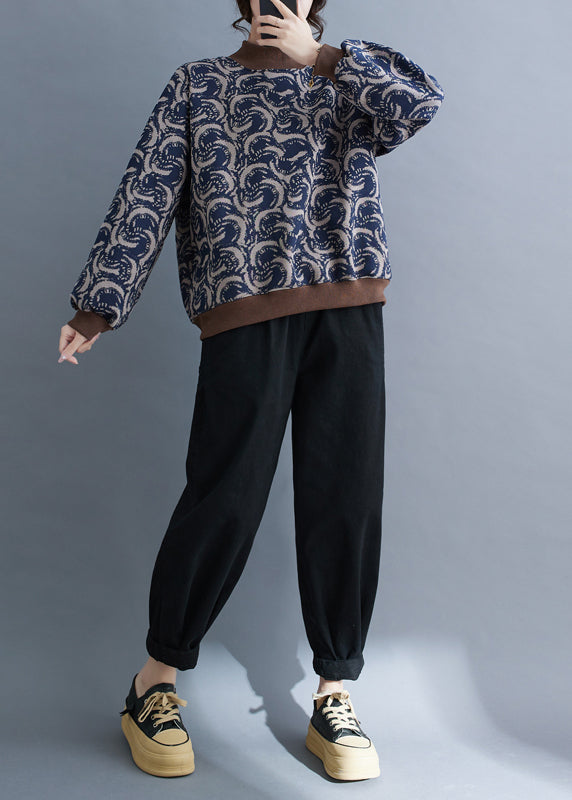 Boho Navy Print Patchwork Warm Fleece Sweatshirt Top Spring TM011