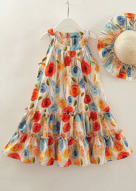 Boho O Neck Ruffled Print Cotton Girls Dresses Sleeveless EW042