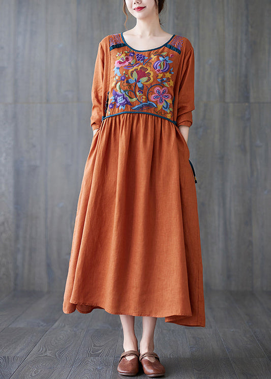 Boho Orange O Neck Embroidered Patchwork Cotton Dress Spring TZ045
