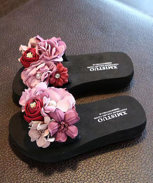 Boho Pink Floral Splicing Slide Sandals Peep Toe AG1003