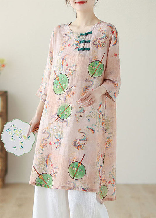 Boho Pink O Neck Print Chinese Button Cotton Mid Dress Summer AP083