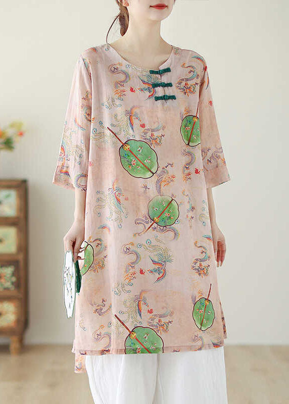 Boho Pink O Neck Print Chinese Button Cotton Mid Dress Summer AP083