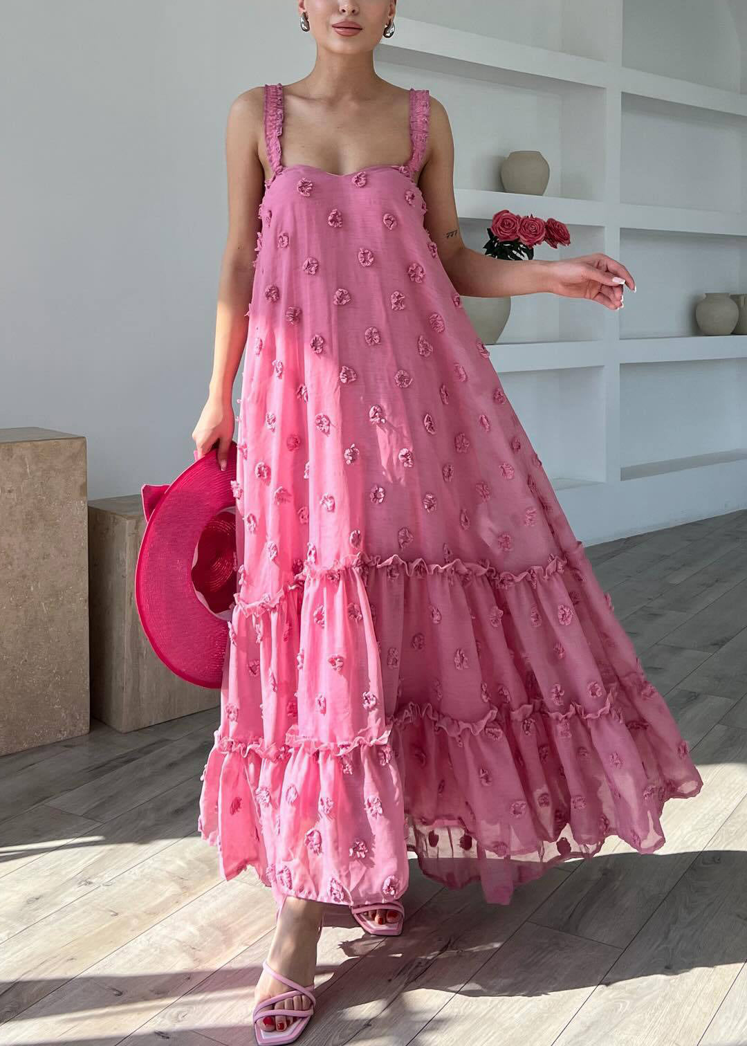 Strap Ruffled Dress Boho Spaghetti Pink Cotton Sleeveless Floral