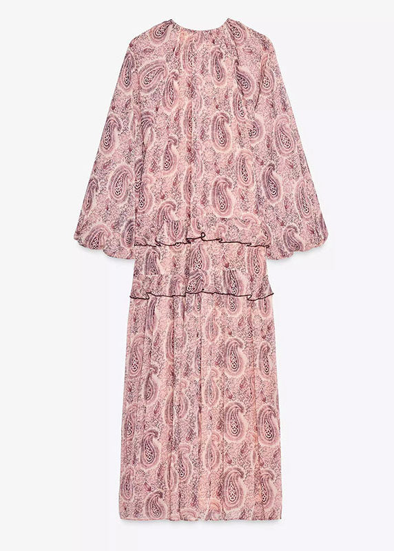 Ruffled Neck Boho Chiffon Pink Print Dresses V Fall
