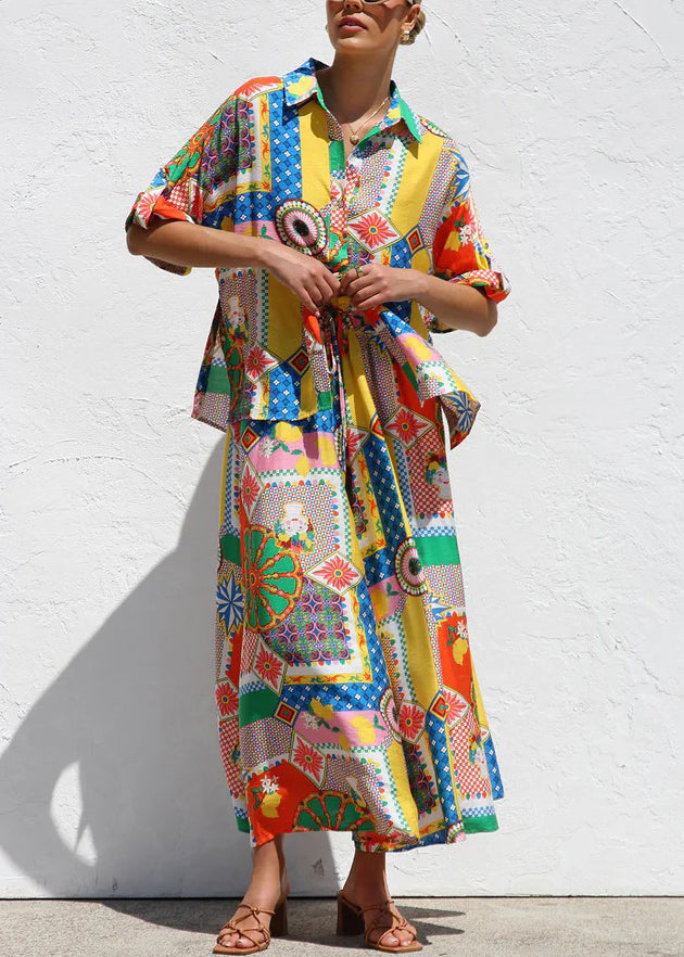 Shirts Two Set Boho Short Maxi Print Piece Sleeve Skirts And