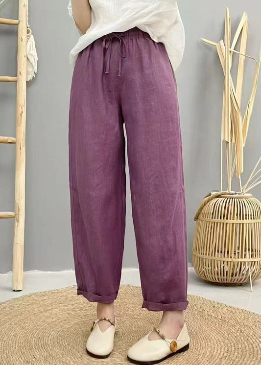 Linen Purple Pants Waist Harem Boho Oversized Elastic Summer