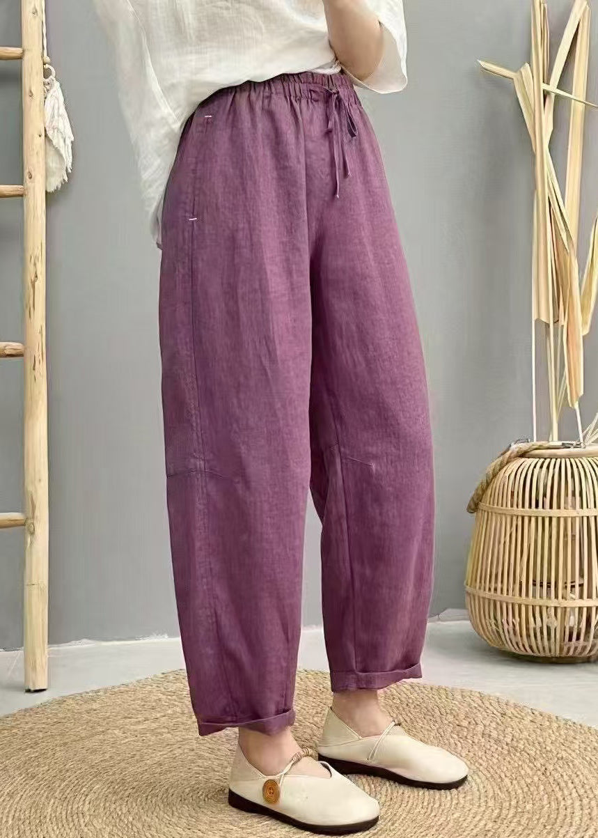 Linen Purple Pants Waist Harem Boho Oversized Elastic Summer