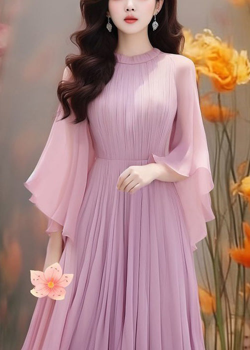 Boho Purple Solid Wrinkled Chiffon Dresses Butterfly Sleeve AA1022