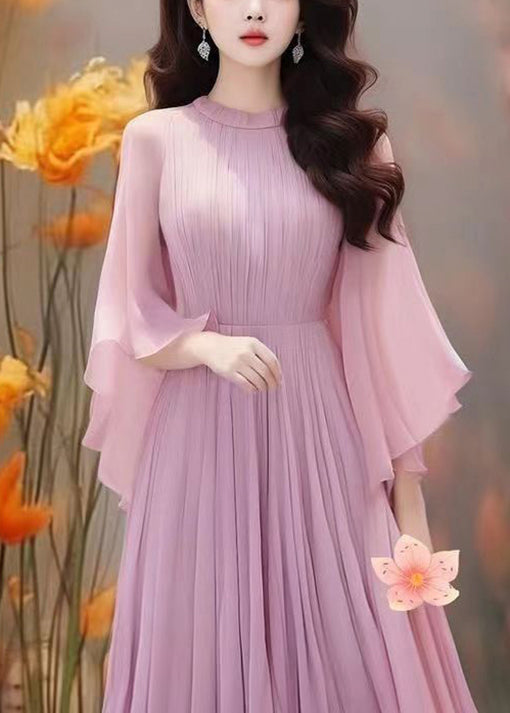 Boho Purple Solid Wrinkled Chiffon Dresses Butterfly Sleeve AA1022