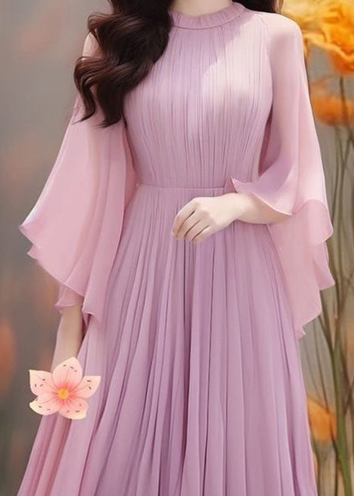 Boho Purple Solid Wrinkled Chiffon Dresses Butterfly Sleeve AA1022