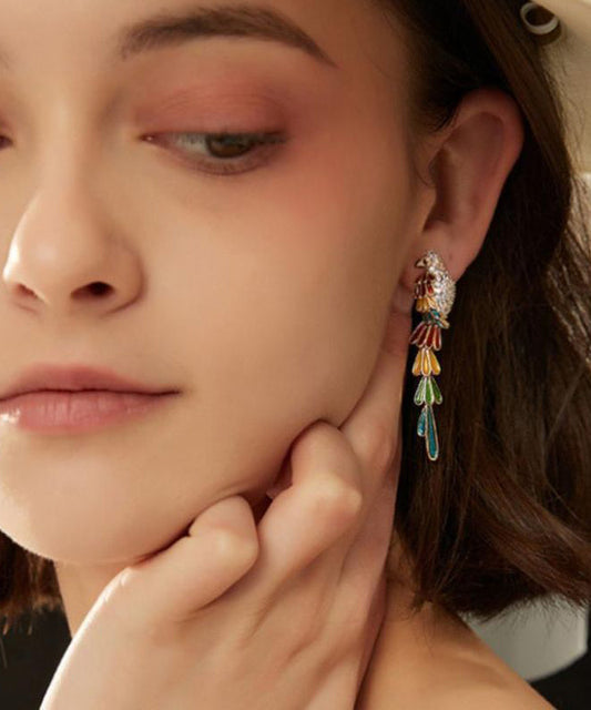 Rainbow Drop Boho Parrot Tassel Earrings Copper Overgild Zircon