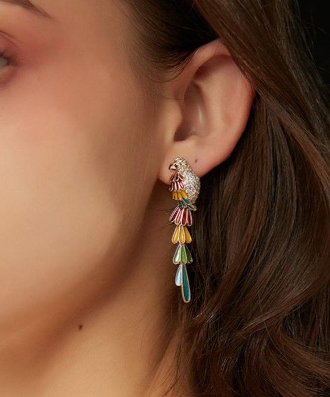 Rainbow Drop Boho Parrot Tassel Earrings Copper Overgild Zircon