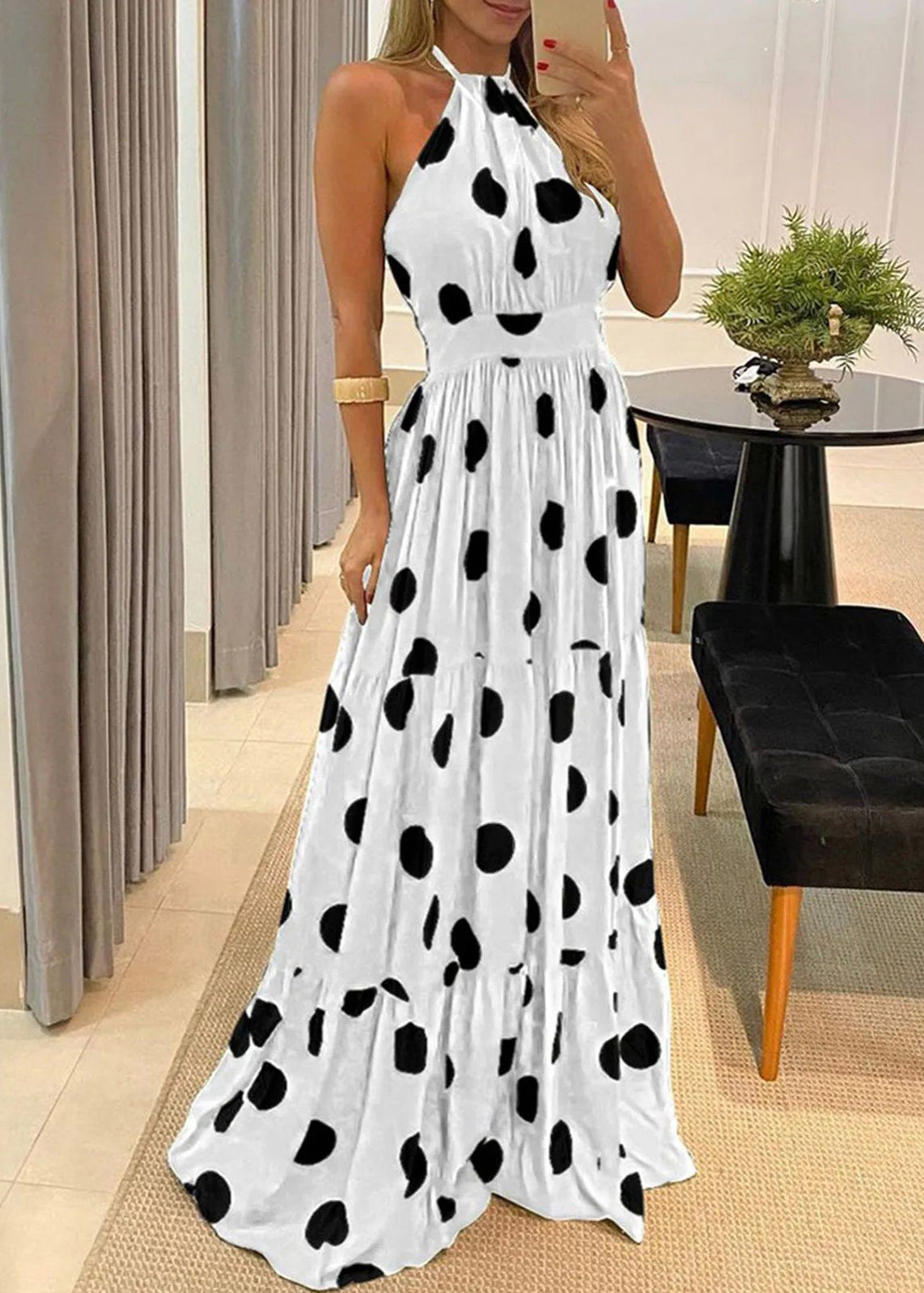 Slim Sleeveless Rainbow Printed Waistband Long Boho Dress