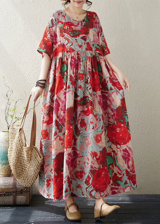 Robe de vacances en coton froissé à imprimé bohème rouge à col rond été AP073