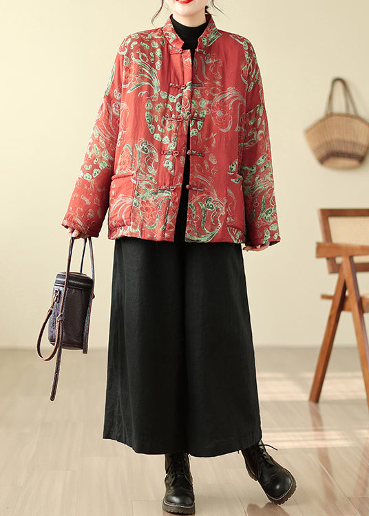 Boho Red Print Chinese Button Fine Cotton Filled Parka Winter TM013