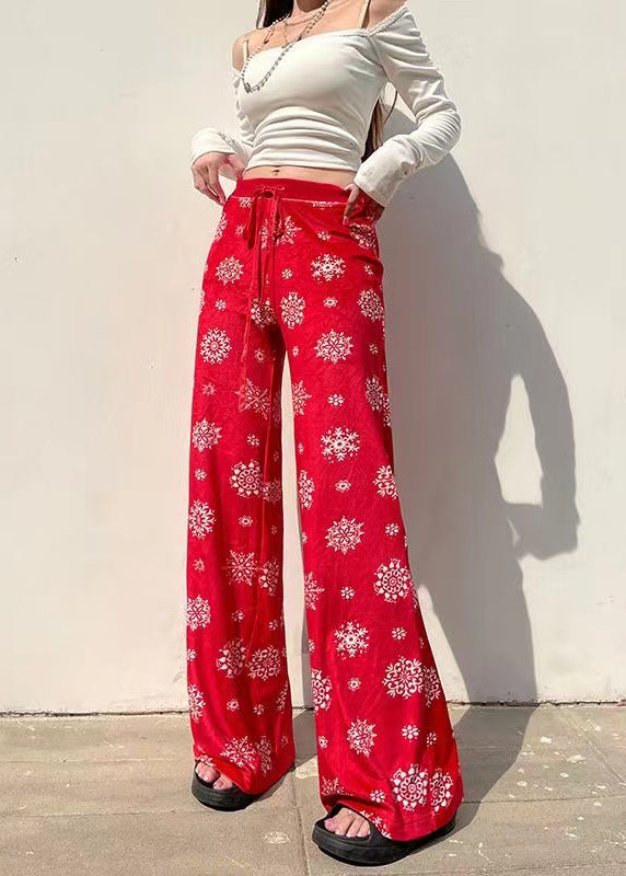 Fall Straight Tie Pants Boho Print Red Waist Silk Velvet