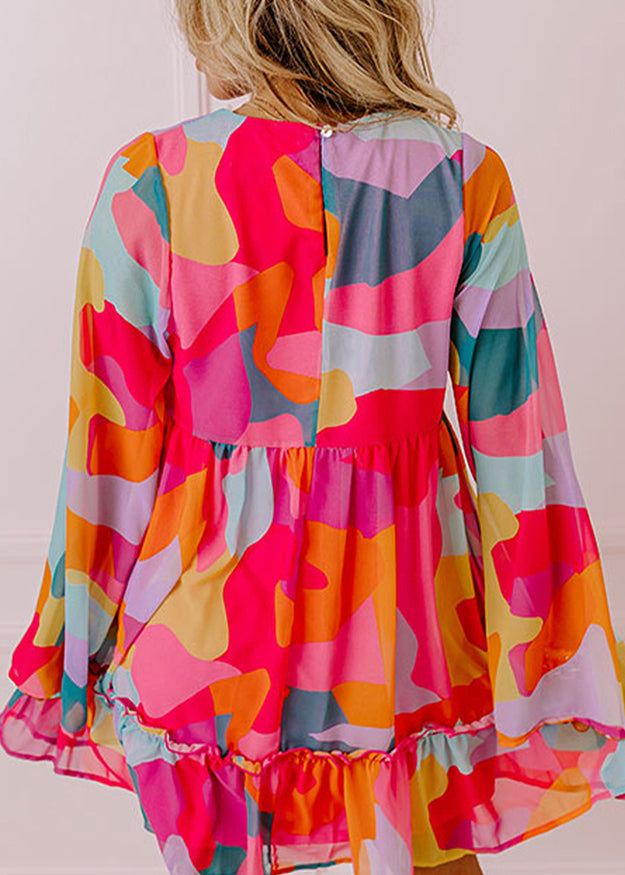 Wrinkled Print Boho Mid Red Fall Chiffon Dresses