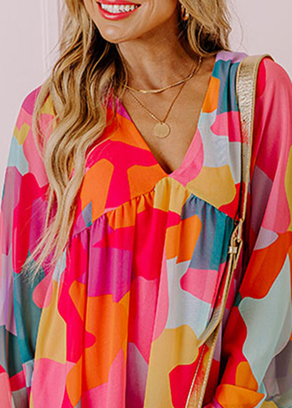 Wrinkled Print Boho Mid Red Fall Chiffon Dresses