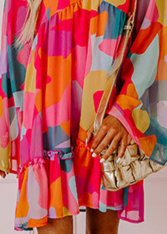 Wrinkled Print Boho Mid Red Fall Chiffon Dresses