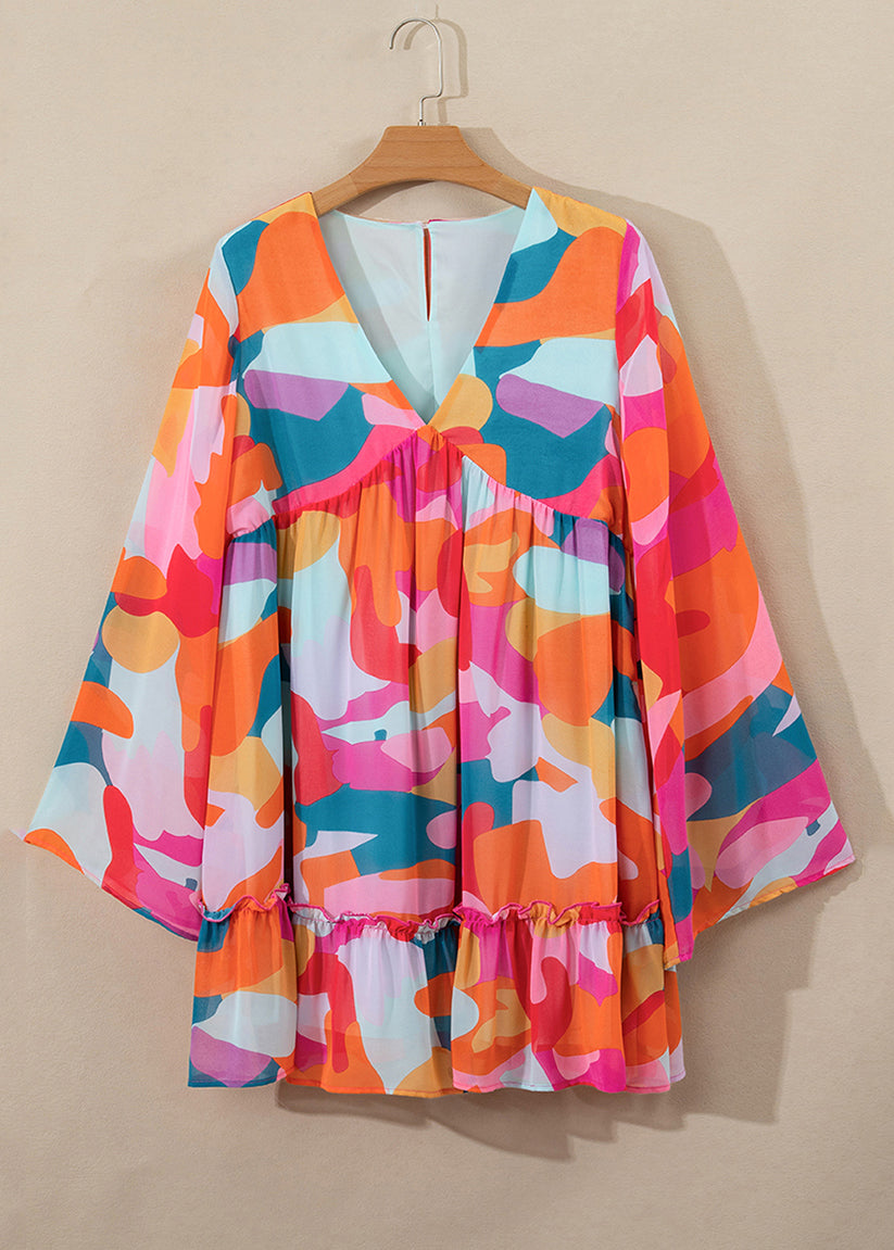 Wrinkled Print Boho Mid Red Fall Chiffon Dresses