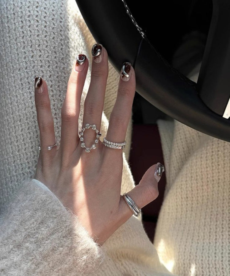 Stainless Rings Silk Set Zircon Steel Boho Three-Piece Open