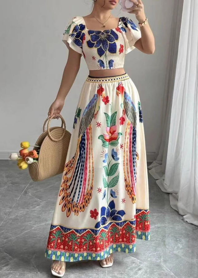 And Print Summer Collar Square Skirts Boho Maxi Top Piece Set Two