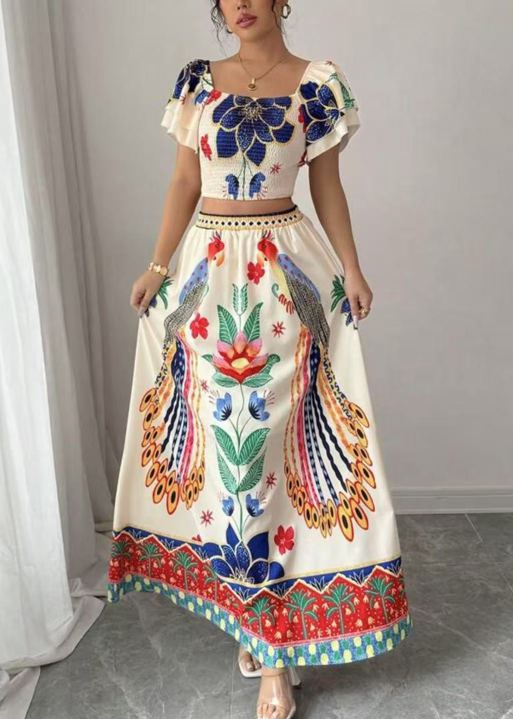 And Print Summer Collar Square Skirts Boho Maxi Top Piece Set Two