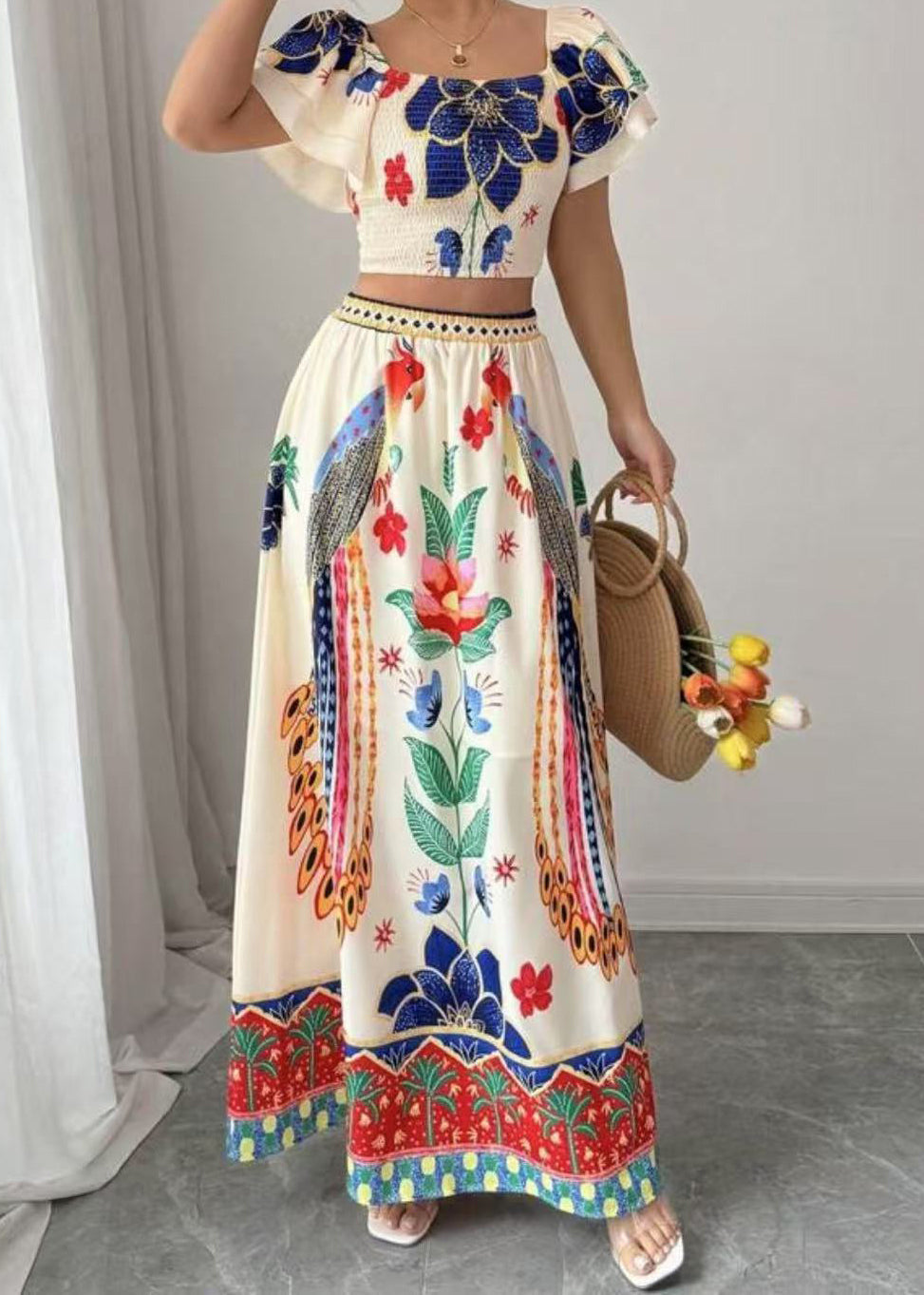 And Print Summer Collar Square Skirts Boho Maxi Top Piece Set Two
