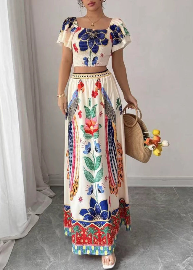 And Print Summer Collar Square Skirts Boho Maxi Top Piece Set Two