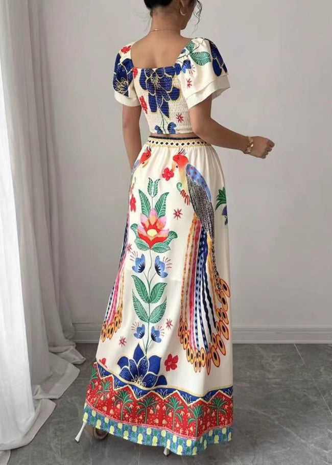 And Print Summer Collar Square Skirts Boho Maxi Top Piece Set Two