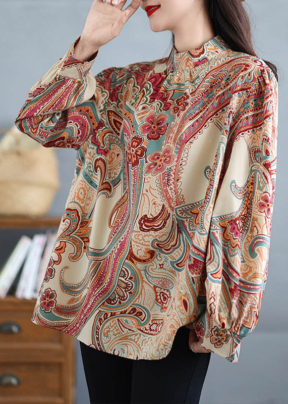 Boho Stand Collar Print Plus Size Cotton Shirt Tops Fall QO076