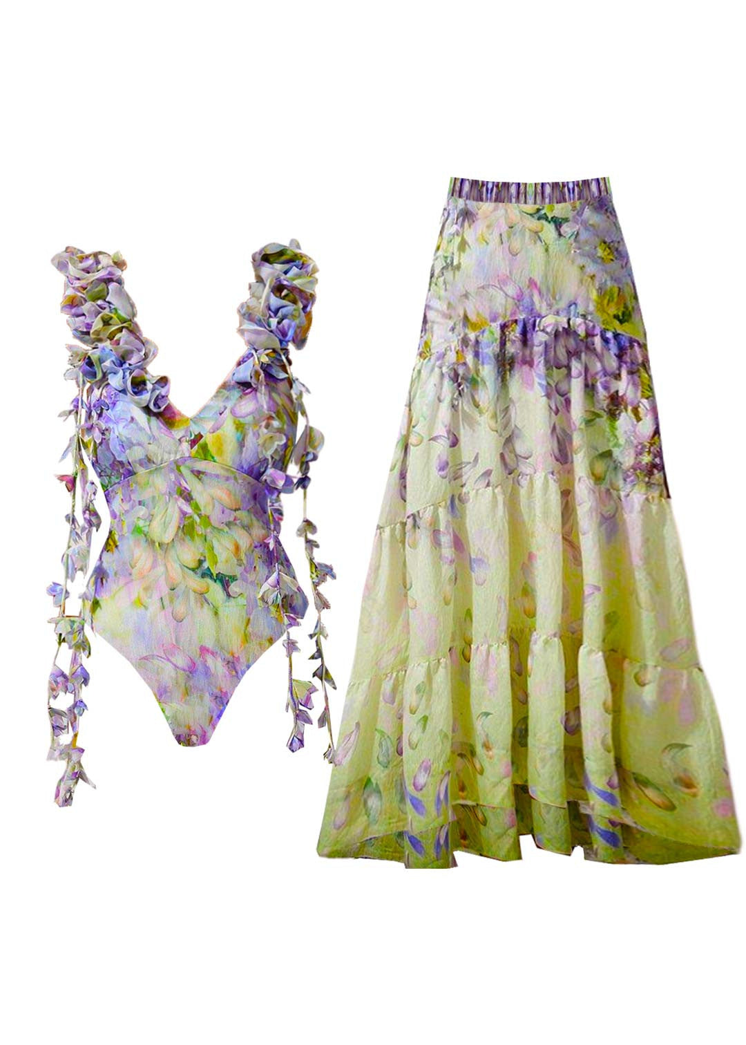 Patchwork Set And Bodysuit Maxi Lingerie Print V-Neck Skirts Boho