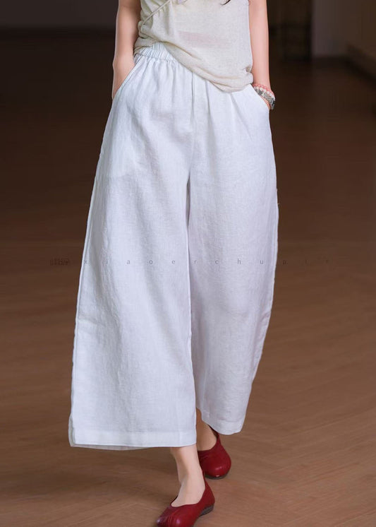 White Wide Boho Waist Summer Pants Linen Leg Elastic Pockets