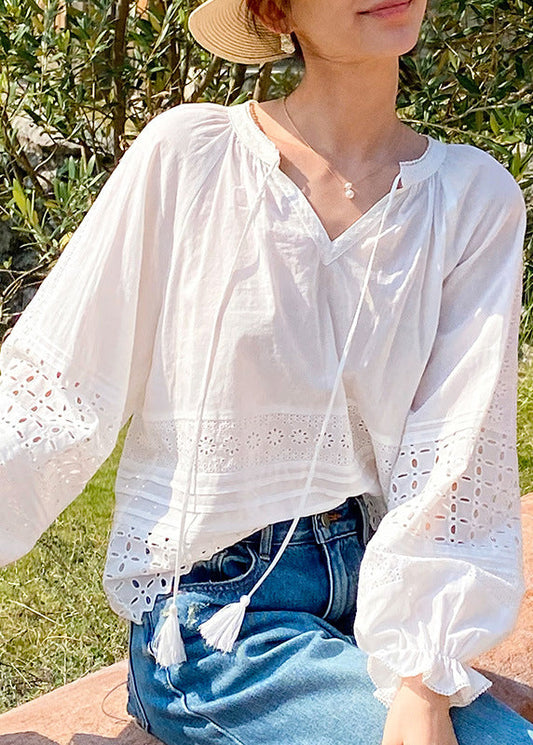 Out Shirt Up White Sleeve Butterfly Hollow Lace Boho Cotton
