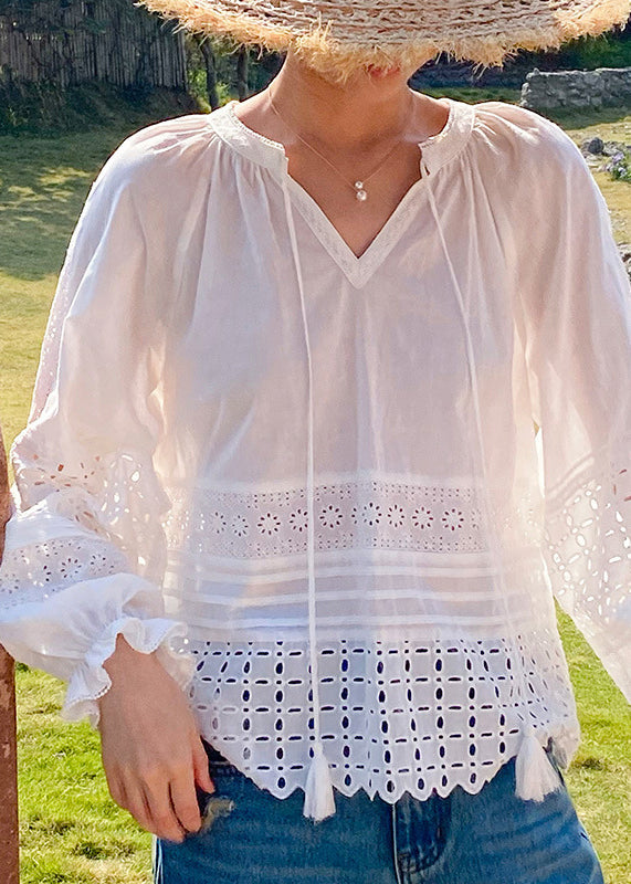 Out Shirt Up White Sleeve Butterfly Hollow Lace Boho Cotton