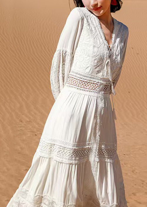 Long Sleeve Hollow Puff Lace Dress Out Boho White