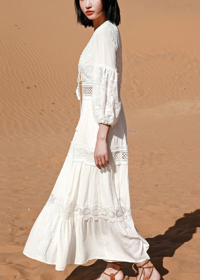 Long Sleeve Hollow Puff Lace Dress Out Boho White