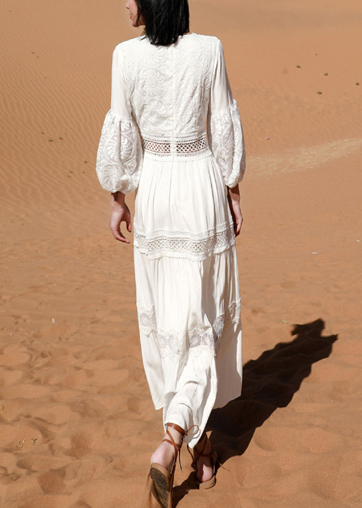 Long Sleeve Hollow Puff Lace Dress Out Boho White