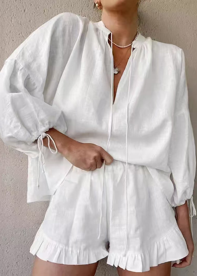 Summer White Pieces Boho Sets Oversized Ruffled Cotton 2 Women