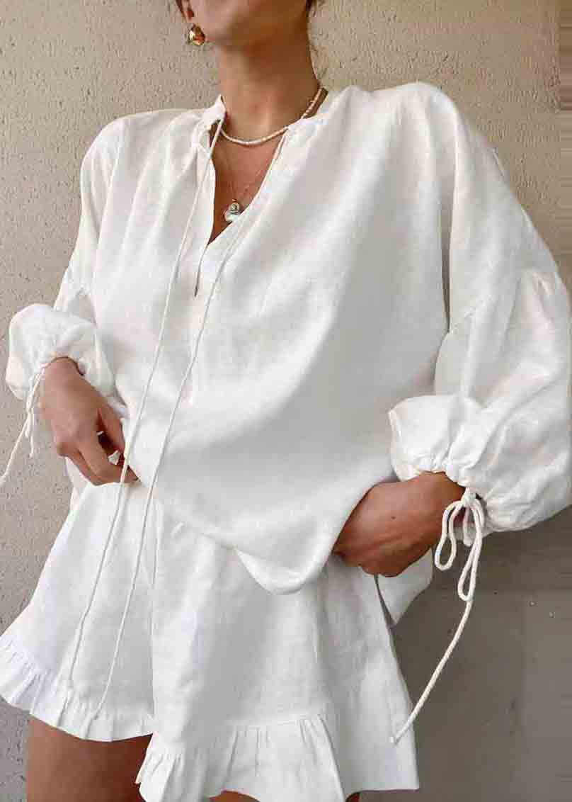 Summer White Pieces Boho Sets Oversized Ruffled Cotton 2 Women