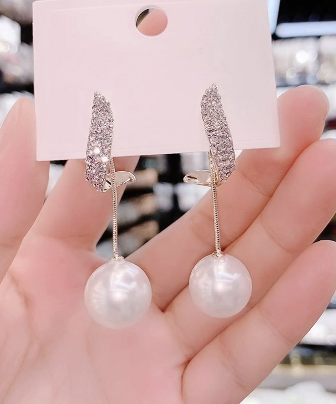 Boho White Sterling Silver Alloy Zircon Pearl Tassel Drop Earrings QJ033