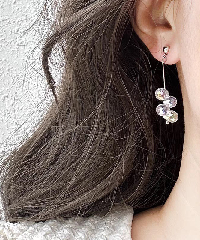 Silver Tassel White Glass Drop Earrings Boho Sterling