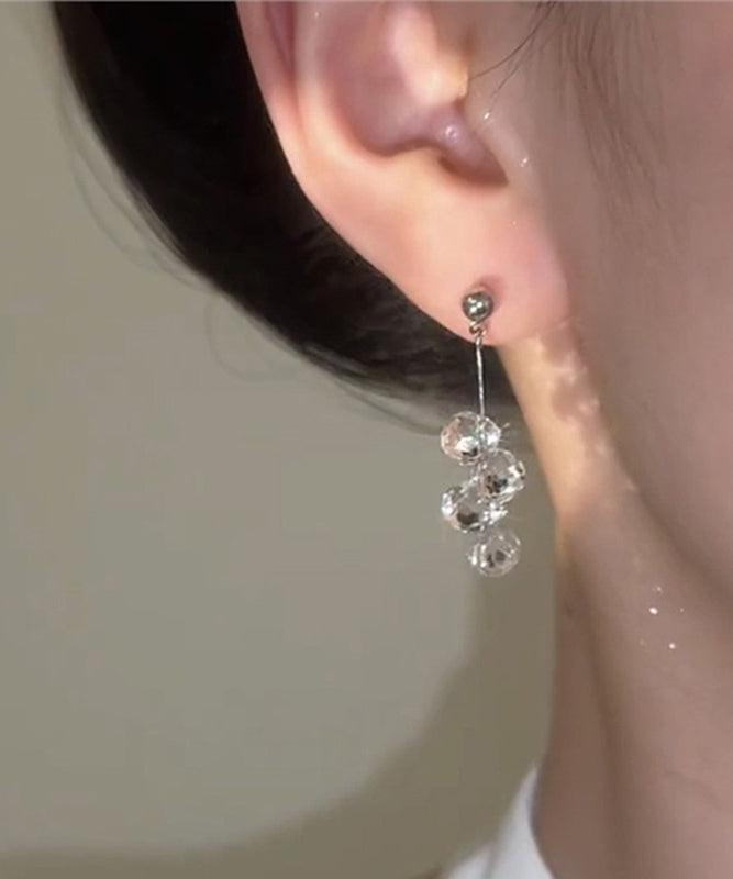 Silver Tassel White Glass Drop Earrings Boho Sterling