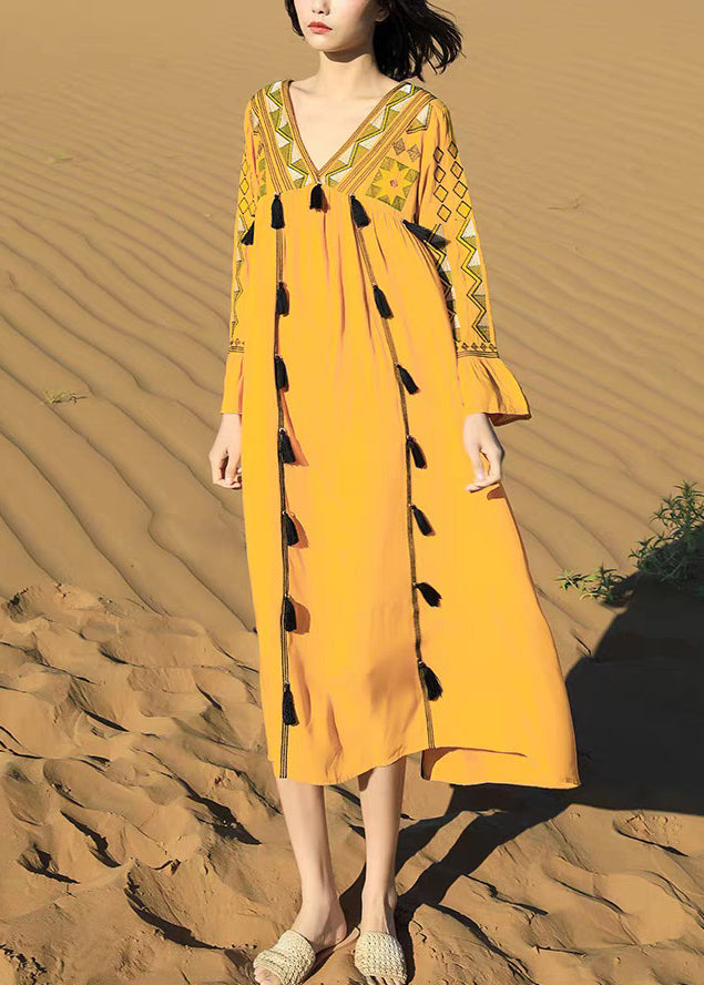 Fall Tasseled Dress Patchwork Embroidered Boho Yellow Cotton