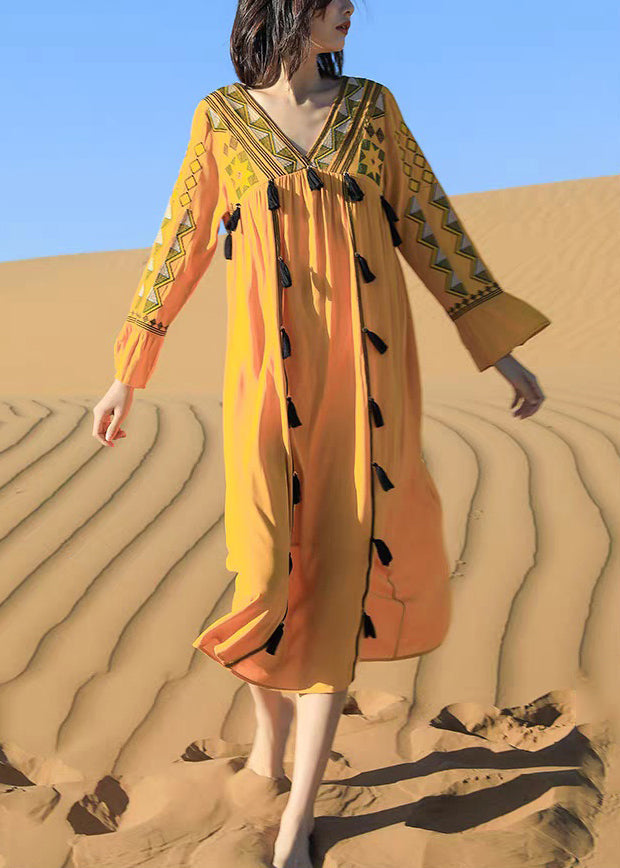 Fall Tasseled Dress Patchwork Embroidered Boho Yellow Cotton