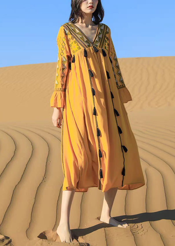 Fall Tasseled Dress Patchwork Embroidered Boho Yellow Cotton