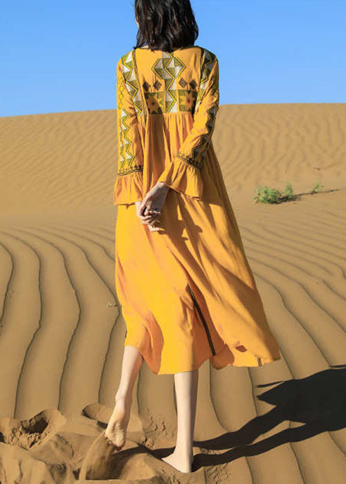 Fall Tasseled Dress Patchwork Embroidered Boho Yellow Cotton